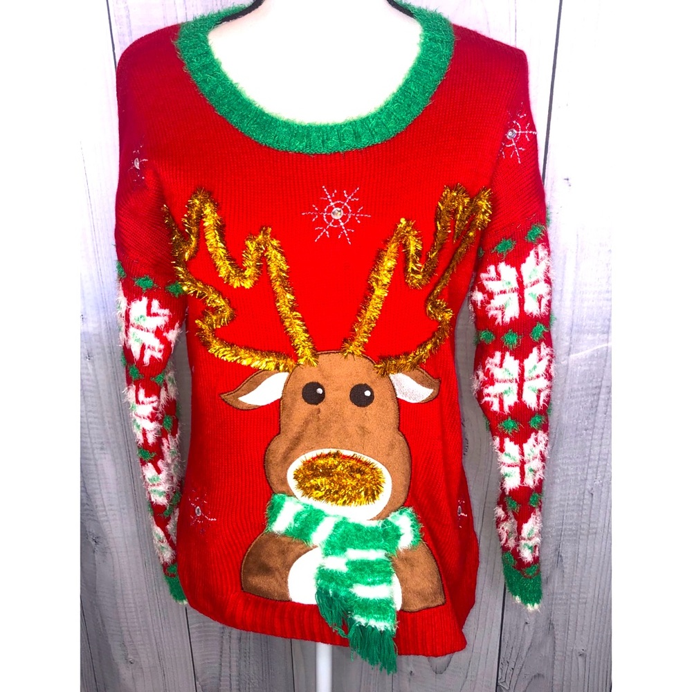 Decorated Red Reindeer Sweater Ugly Funny Christmas Party Holiday Sz M